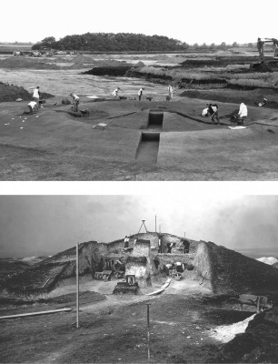 Figure 4. Monument poses: top, Barleycroft Farm/Over barrow 15 (photograph, D. Webb); below, Pitt Rivers’s Wor Barrow excavations. 